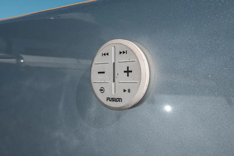 Slide: The Image of Audio control panel on 2021 Pardo Yachts 43, featuring Fusion brand buttons. - 33