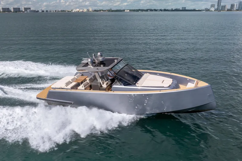 Slide: The Image of 2021 Pardo Yachts 43 cruising on open water, showcasing sleek design and luxury features. - 6