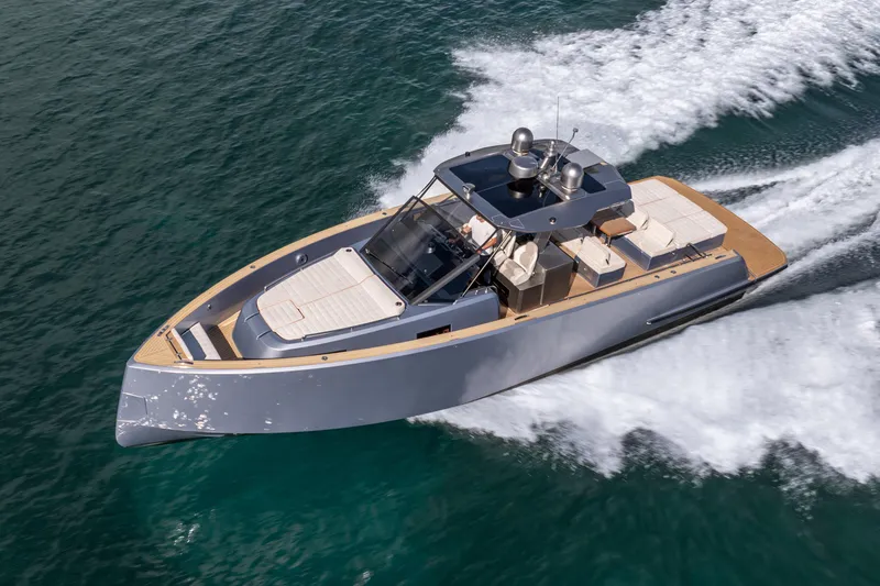 Slide: The Image of 2021 Pardo Yachts 43 cruising on open water, showcasing sleek design and luxury features. - 11