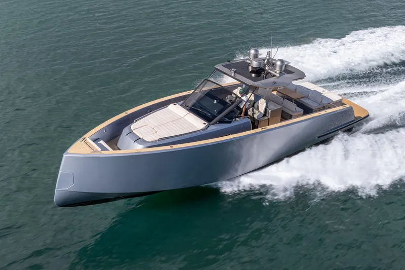 Slide: The Image of 2021 Pardo Yachts 43 cruising on open water, showcasing sleek design and luxury. - 12