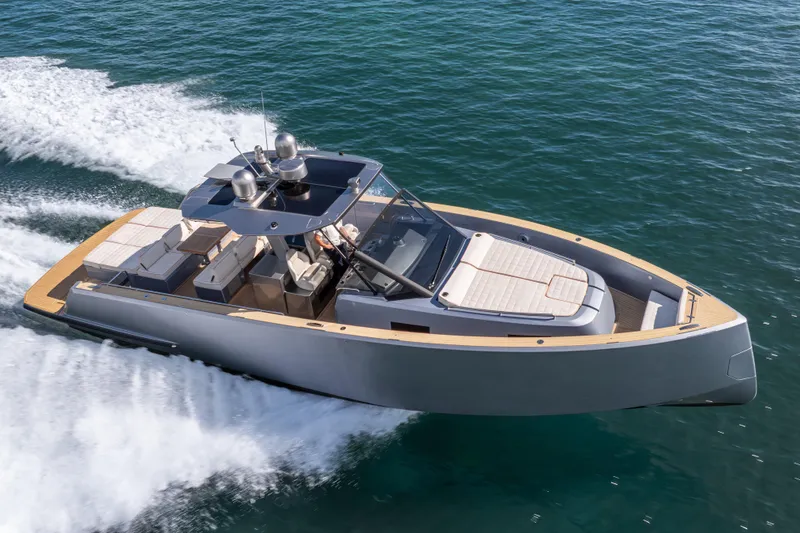 Slide: The Image of 2021 Pardo Yachts 43 cruising on open water, showcasing sleek design and luxury features. - 2