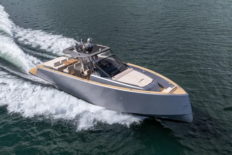Slide: The Image of 2021 Pardo Yachts 43 cruising on open water, showcasing sleek design and luxury. - 4