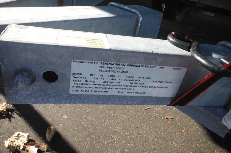 Slide: The Image of Label on boat trailer manufactured by Sealion Metal Fabricators, LLC, dated 4/2/2021. - 13