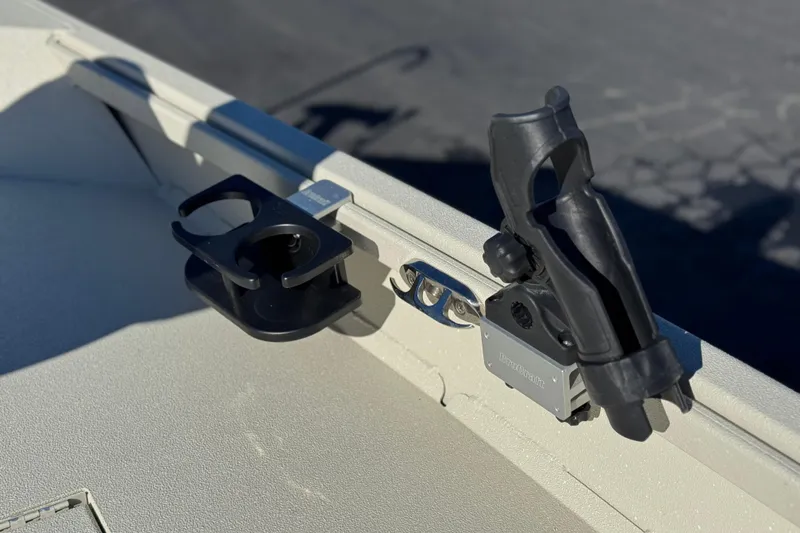 Slide: The Image of 2020 Alumacraft 2072 Bay boat with mounted rod holder and accessory bracket. - 15