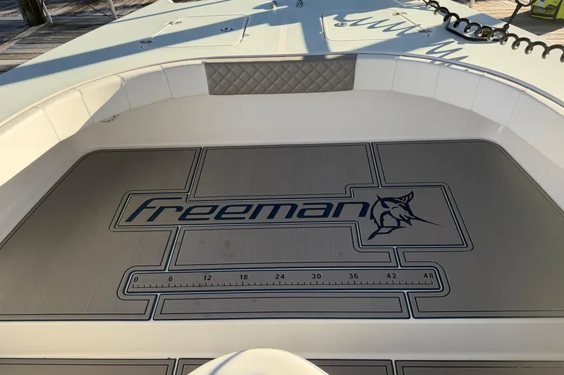Slide: The Image of Freeman 33 boat interior, 2013 model, featuring sleek deck design and modern fittings. - 18