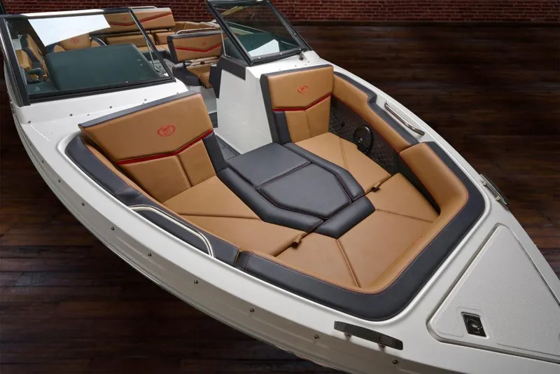 Slide: The Image of Manufacturer Provided Image: 2022 Cobalt R4 Surf boat interior with tan and black seating. - 32
