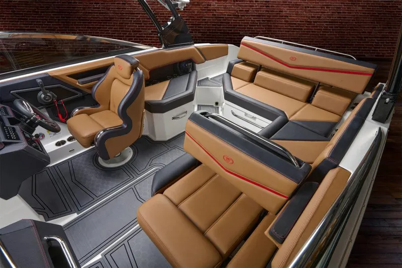 Slide: The Image of Manufacturer Provided Image: 2022 Cobalt R4 Surf boat interior with luxurious tan and black seating. - 35