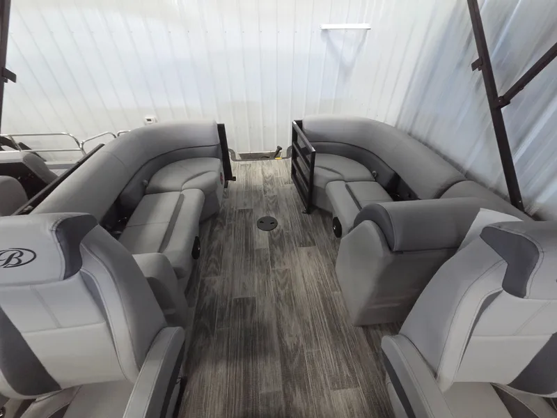 Slide: The Image of Interior of 2026 Bentley Pontoons Legacy 200 Navigator with gray seating. - 11