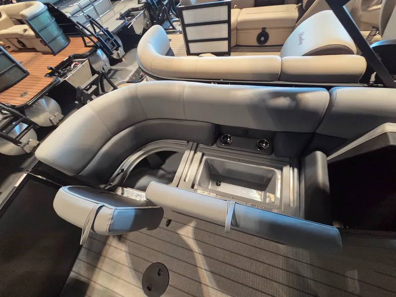Slide: The Image of Interior of 2026 Bentley Pontoons Legacy 220 Navigator with gray seating. - 21