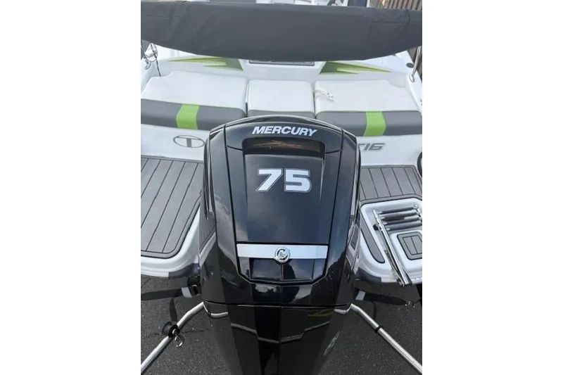 Slide: The Image of 2024 Tahoe T16 boat with Mercury 75 outboard motor, rear view. - 4