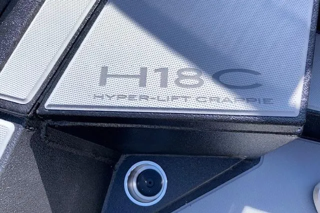 Slide: The Image of 2026 Xpress H18C Crappie boat deck with Hyper-Lift logo detail. - 29