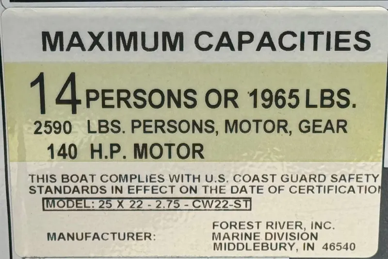 Slide: The Image of 2023 Nepallo 22TL boat capacity label: 14 persons, 1965 lbs, 140 HP motor. - 23