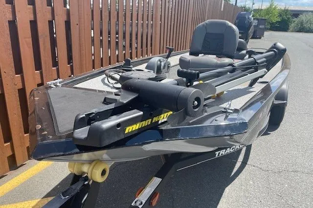Slide: The Image of 2019 Tracker Panfish 16 boat with Minn Kota trolling motor on trailer. - 2