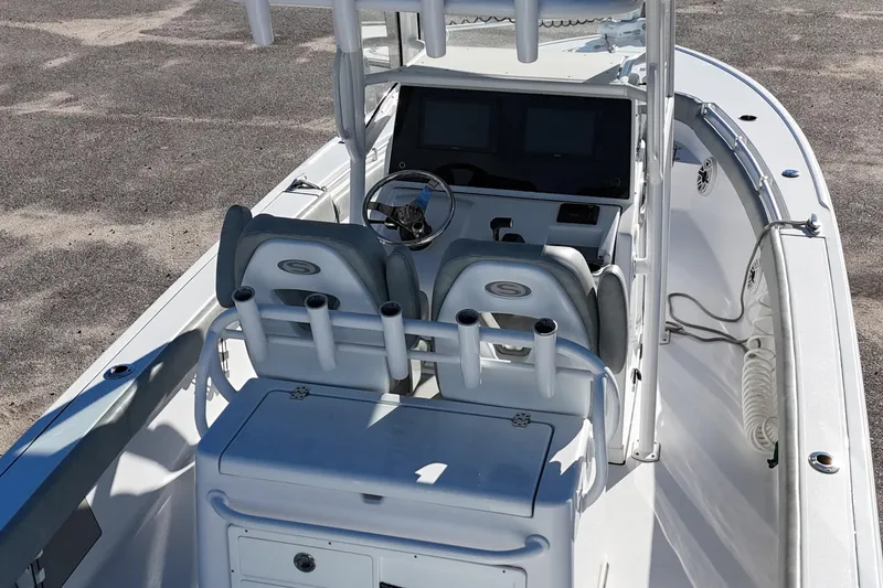 Slide: The Image of Overhead view of 2020 Sportsman Masters 267OE Bay Boat on dry land. - 8