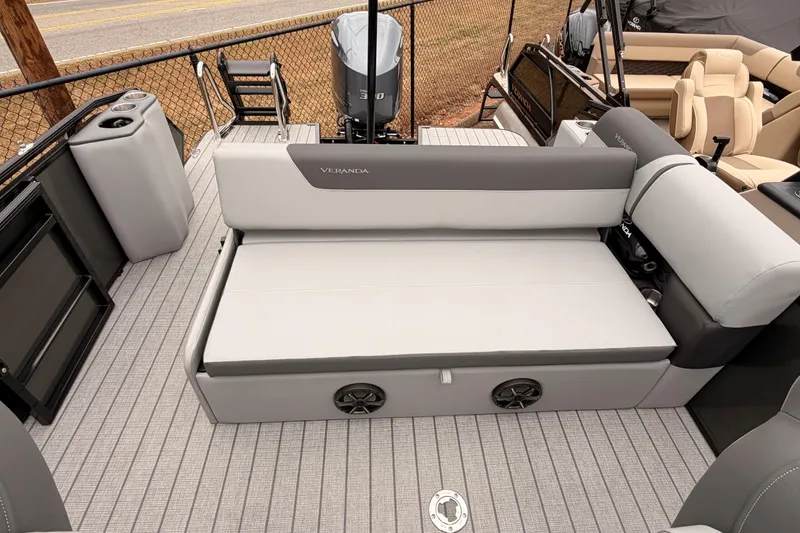 Slide: The Image of 2026 Veranda VR 235 VL pontoon boat interior with gray seating and modern design. - 15