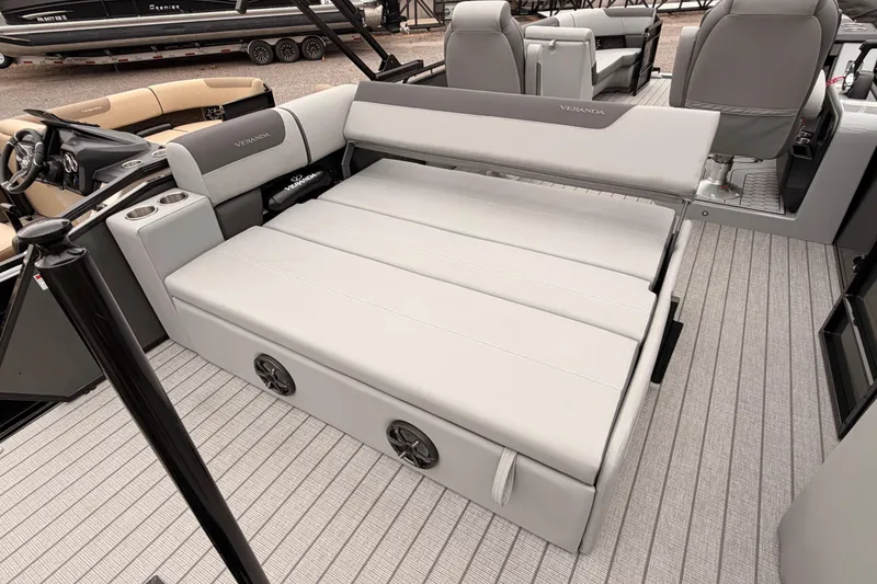Slide: The Image of 2026 Veranda VR 235 VL pontoon boat interior with luxurious seating and modern design. - 18