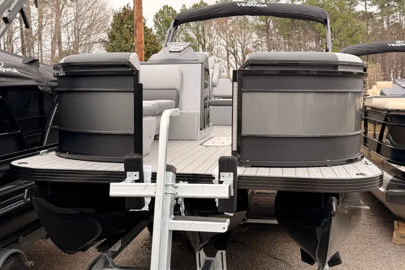 Slide: The Image of 2026 Veranda VR 235 VL pontoon boat on trailer, showcasing sleek design and modern features. - 3