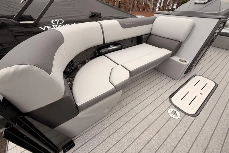 Slide: The Image of Luxurious seating on 2026 Veranda VR 235 VL pontoon boat, featuring sleek design and comfort. - 8