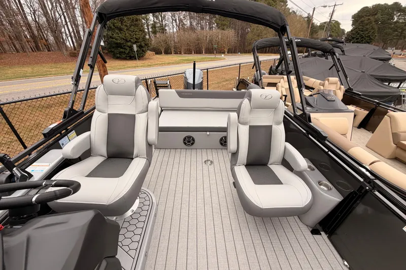 Slide: The Image of 2026 Veranda VR 235 VL pontoon boat interior with plush seating and modern design. - 9