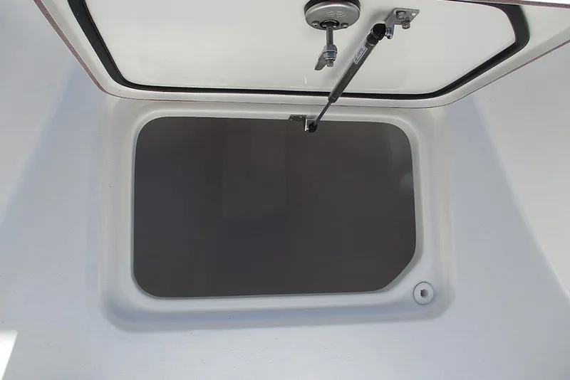 Slide: The Image of 2026 Sea Pro 262 Offshore storage compartment with open hatch and hydraulic support. - 24