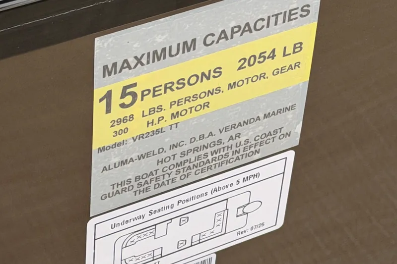 Slide: The Image of 2026 Veranda VR 235 L capacity label: 15 persons, 2054 lbs, 300 HP motor. - 12