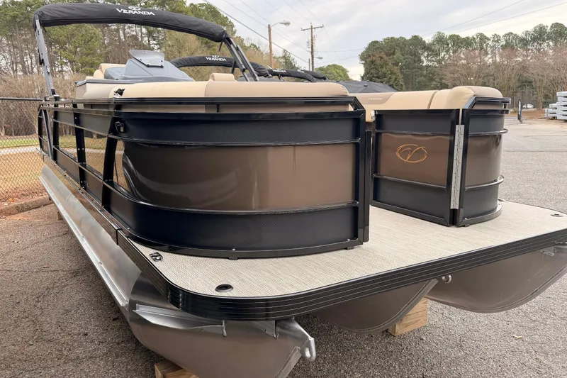 Slide: The Image of 2026 Veranda VR 235 L pontoon boat with sleek design and beige seating. - 3