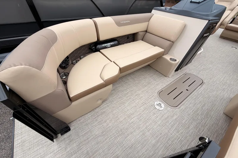 Slide: The Image of Luxurious seating on 2026 Veranda VR 235 L pontoon boat, featuring beige upholstery and modern design. - 6