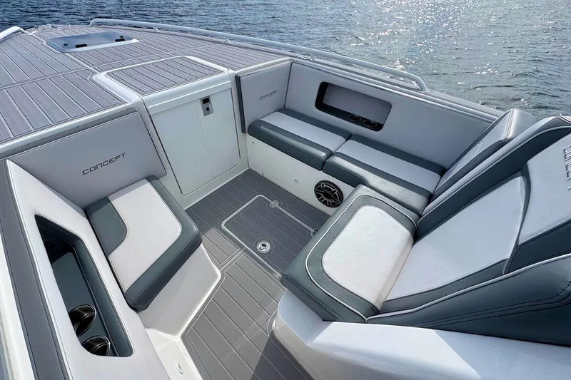 Slide: The Image of 2023 Concept 30' Cuddy Cabin boat interior with sleek seating and modern design. - 17
