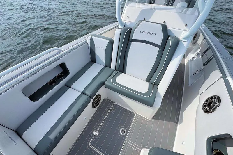 Slide: The Image of 2023 Concept 30' Cuddy Cabin boat interior with sleek seating and modern design. - 21