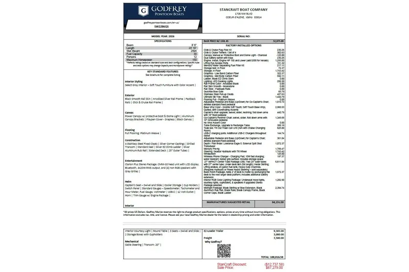 Slide: The Image of 2026 Godfrey Sweetwater 2286QS boat specifications and pricing details. - 12