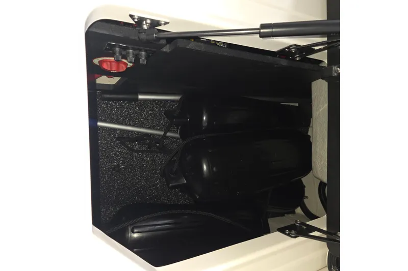 Slide: The Image of Storage compartment of 2023 Regal LS4 boat, featuring black fenders and hydraulic lift. - 27