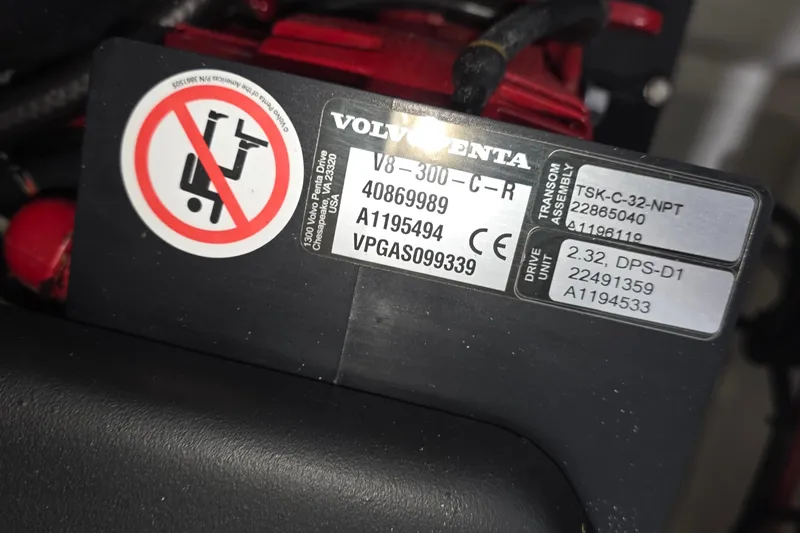 Slide: The Image of Close-up of Volvo Penta engine label on 2023 Regal LS4 boat. - 31