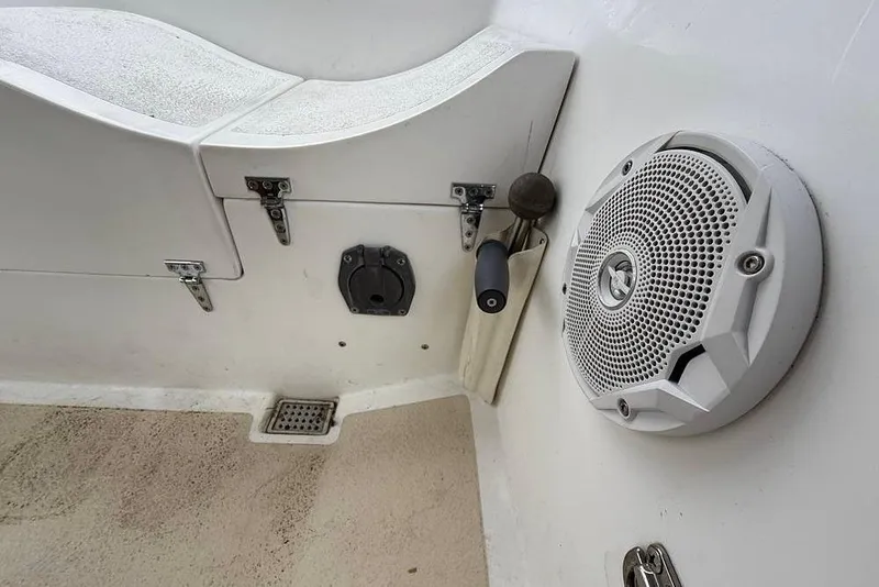 Slide: The Image of Interior of 1984 Morgan 384 boat showing speaker and control panel. - 39