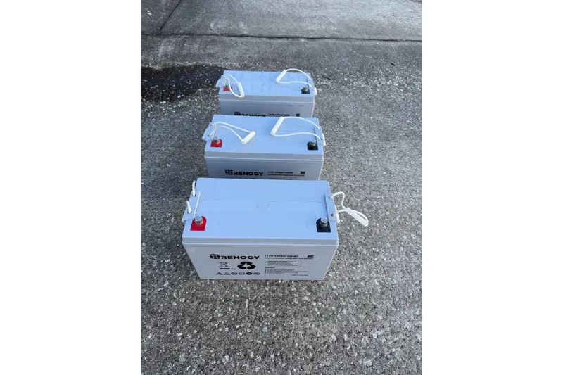 Slide: The Image of Three Renogy batteries on concrete, suitable for Morgan 384, 1984 model. - 80