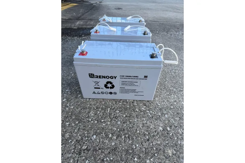 Slide: The Image of Three Renogy 12V 100Ah deep cycle batteries on concrete pavement. - 81