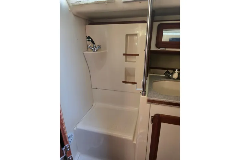 Slide: The Image of Bathroom interior of 1993 Hunter Legend 35.5 sailboat, featuring shower and sink. - 22