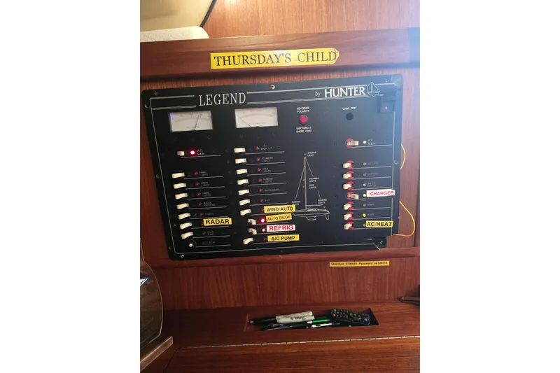 Slide: The Image of Electrical panel of 1993 Hunter Legend 35.5 sailboat, labeled "Thursday's Child." - 27