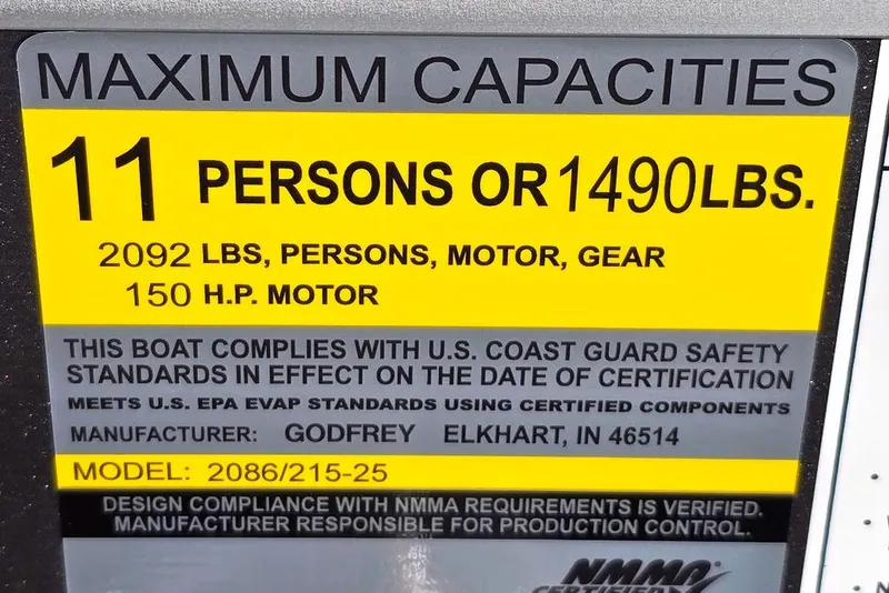 Slide: The Image of 2026 Godfrey Experience 2086 BFX boat capacity label: 11 persons or 1490 lbs, 150 HP motor. - 13