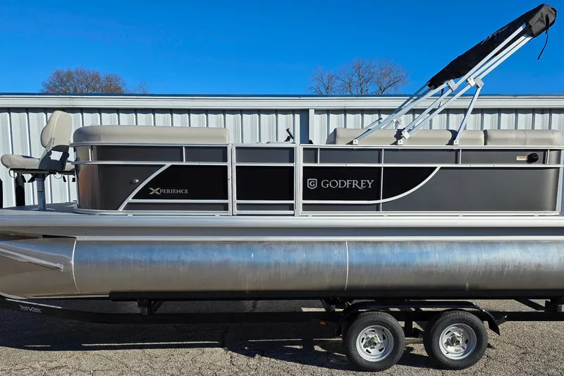 Slide: The Image of 2026 Godfrey Experience 2086 BFX pontoon boat on trailer, side view. - 9