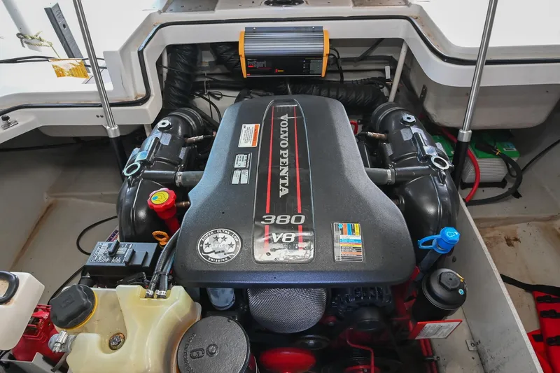 Slide: The Image of 2015 Cobalt R7 engine compartment featuring a Volvo Penta 380 V8 engine. - 45