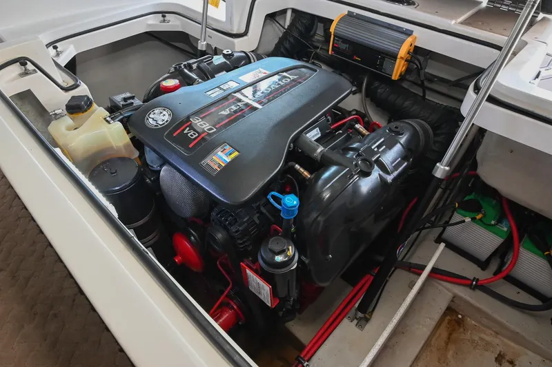 Slide: The Image of Engine compartment of a 2015 Cobalt R7 boat, featuring a V8 engine. - 46