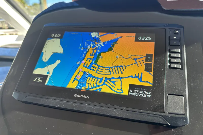 Slide: The Image of Garmin GPS display on 2025 NX Boats 370, showing detailed nautical map. - 36