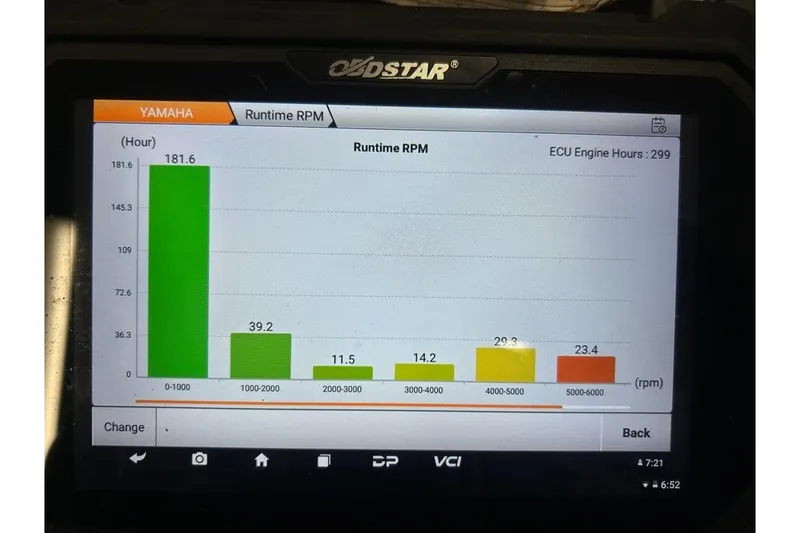 Slide: The Image of Yamaha engine runtime RPM chart on diagnostic screen, G3 Bay 22 DLX, 2019 model. - 2