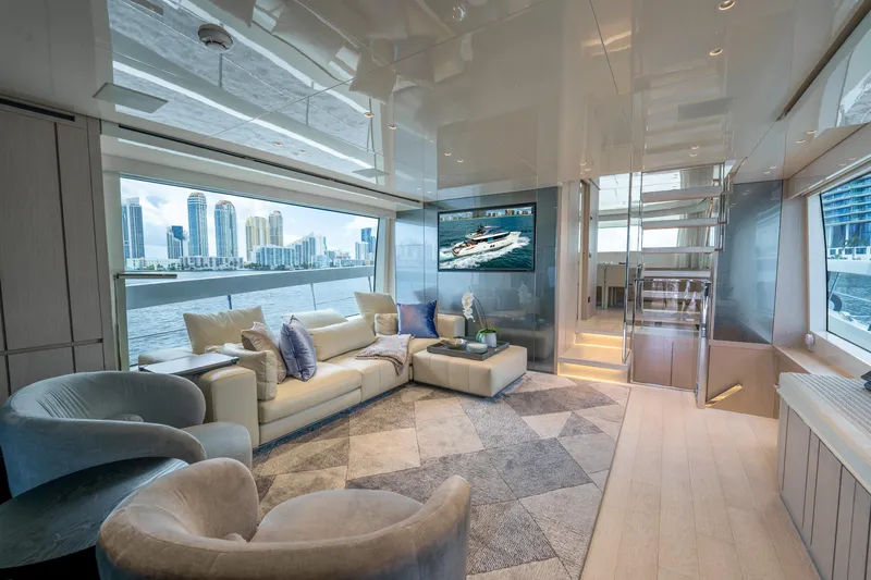 Slide: The Image of Luxurious interior of 2021 Sanlorenzo SX76 yacht with city skyline view. - 24
