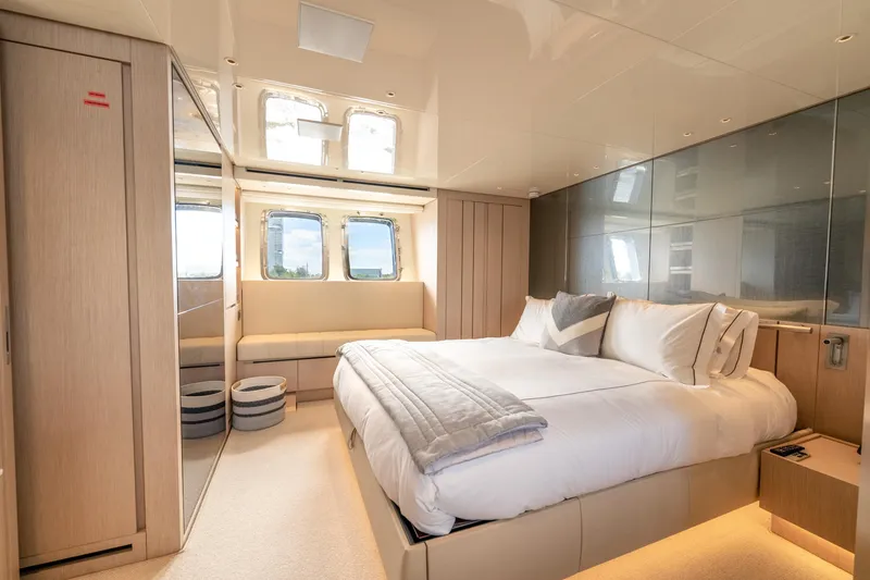 Slide: The Image of Luxurious bedroom interior of 2021 Sanlorenzo SX76 yacht with modern design and large windows. - 32