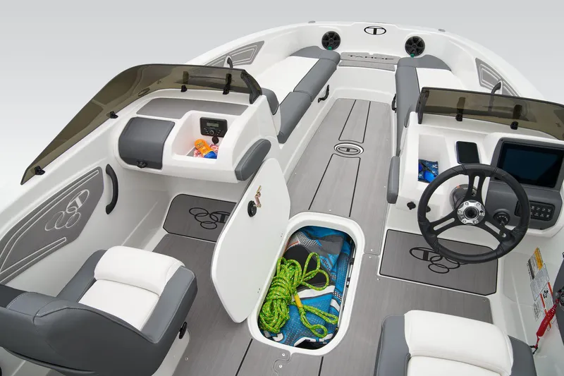 Slide: The Image of Manufacturer Provided Image: 2025 Tahoe T21 boat interior with storage compartments and modern seating. - 16