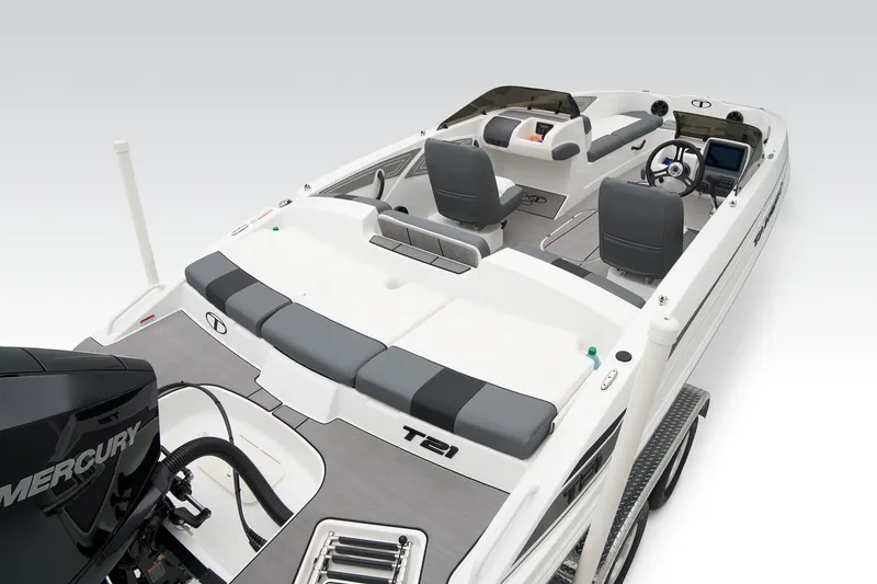 Slide: The Image of Manufacturer Provided Image: 2025 Tahoe T21 boat interior with seating and Mercury engine, showcasing modern design and functionality. - 38