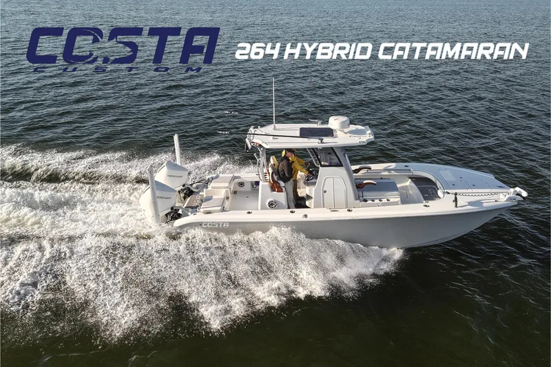 Slide: The Image of 2024 Costa Custom Boats 264 HC Hybrid Catamaran cruising on open water. - 30