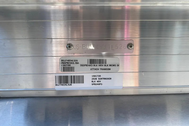 Slide: The Image of 2026 Sun Tracker Party Barge 24 XP3 identification plate with serial numbers and model details. - 90