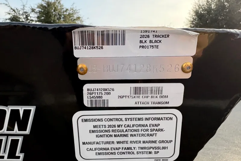 Slide: The Image of 2026 Tracker Pro Team 175 boat with emissions control information and serial numbers displayed. - 74